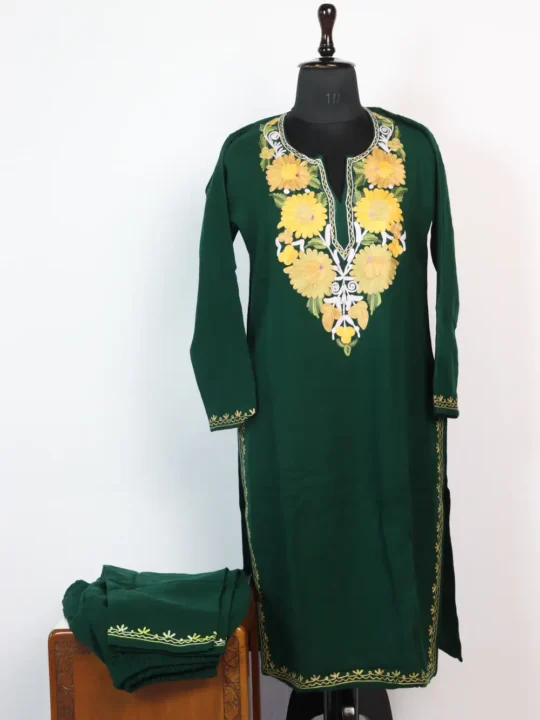 Cashmilon Wool Aari Work dark Green Kurta Set