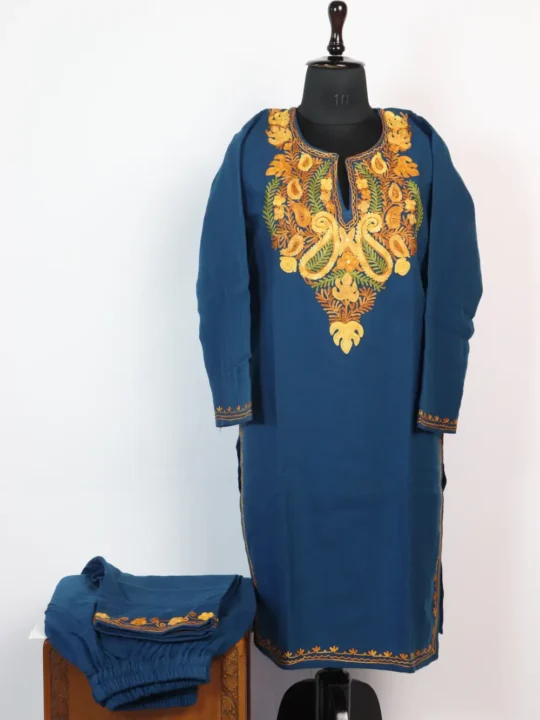 Cashmilon Wool Aari Embroidery Royal Blue Kurta Set