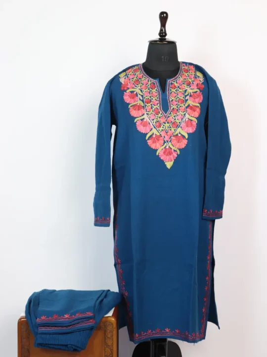 Royal Blue Cashmilon Wool Aari Work Kurta Set