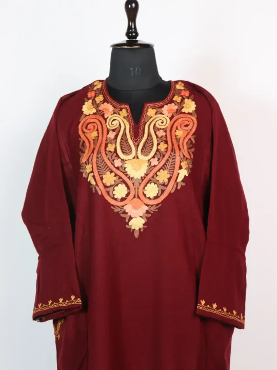 Cashmilon Wool Maroon Aari Work Pheran for Ladies