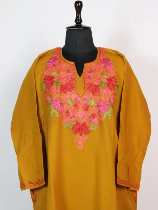 Ladies Mustard Cashmilon Wool Aari Work Pheran