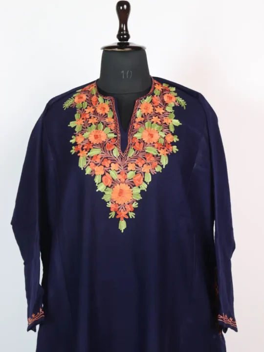 Dark Blue Cashmilon Wool Ladies Aari Embroidery Pheran
