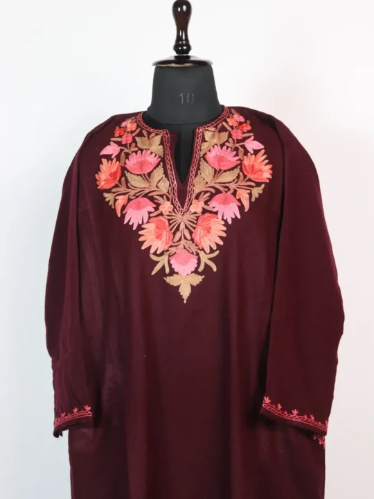 Maroon Cashmilon Wool Aari Work Pheran for Ladies