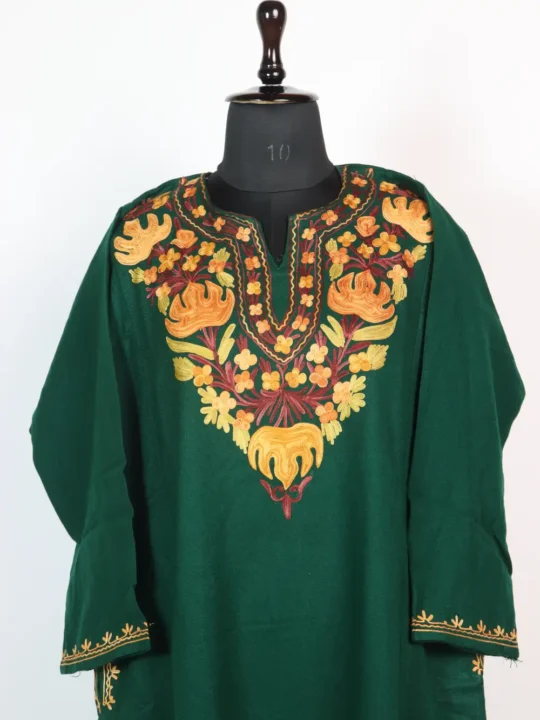 Cashmilon Wool Aari Embroidery Ladies Dark Green Pheran