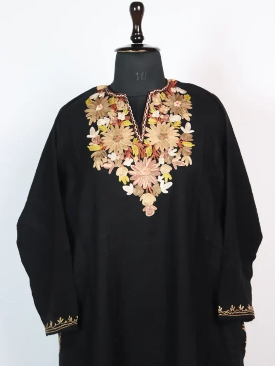 Black Cashmilon Wool Aari Work Pheran for Ladies