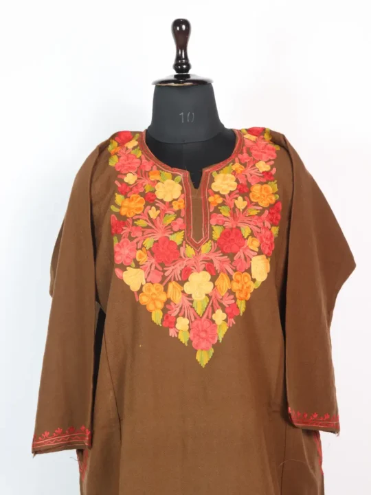 Cashmilon Wool Aari Embroidery Brown Alamzeb Pheran