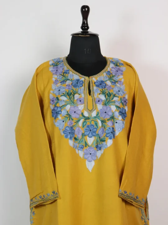 Yellow Cashmilon Aari Work Pheran