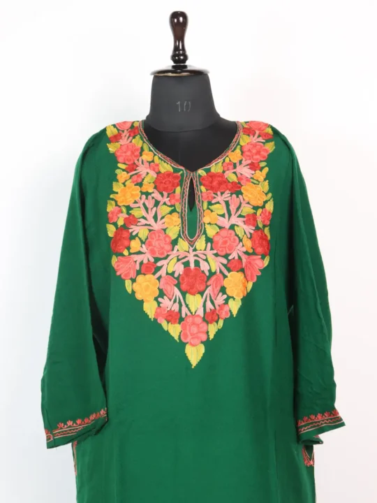Cashmilon Wool Aari Work Dark Green Pheran