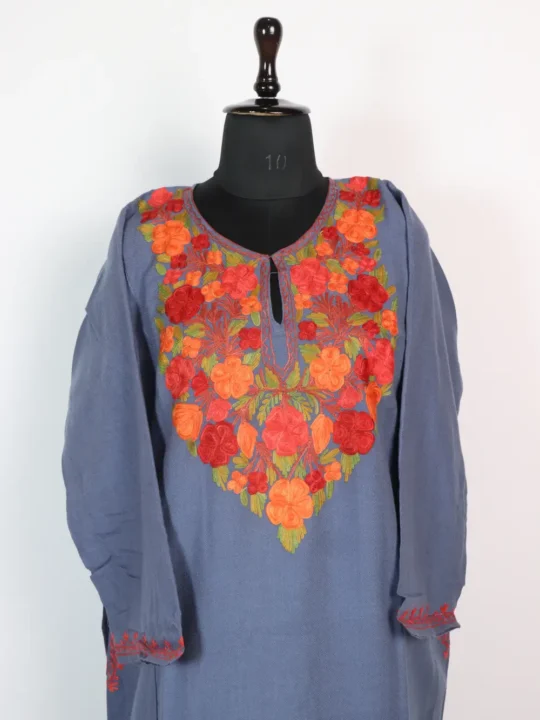 Dark Grey Cashmilon Aari Work Pheran