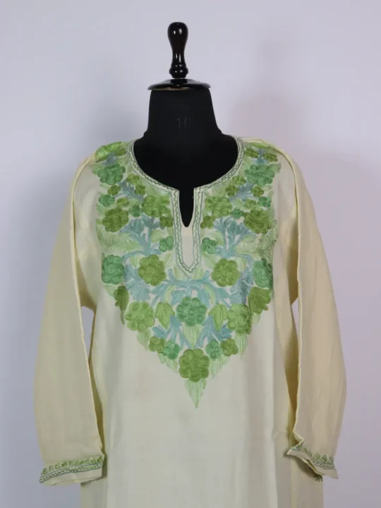 Cashmilon Wool Cream Pheran with Aari Embroidery