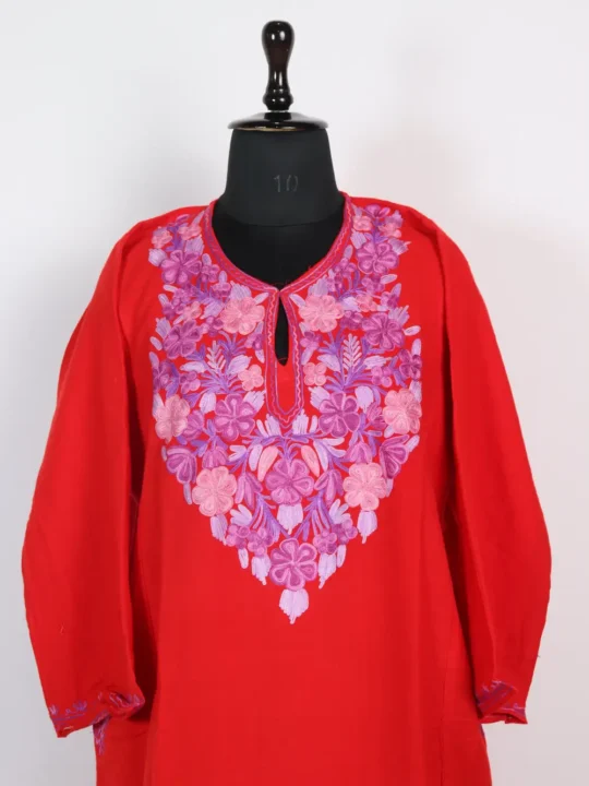 Red Cashmilon Wool Aari Work Pheran