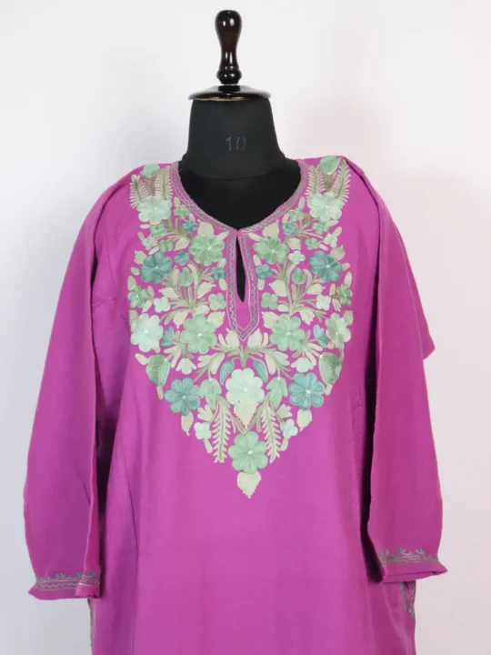 Cashmilon Wool Aari Work Black Purple Pheran for Women