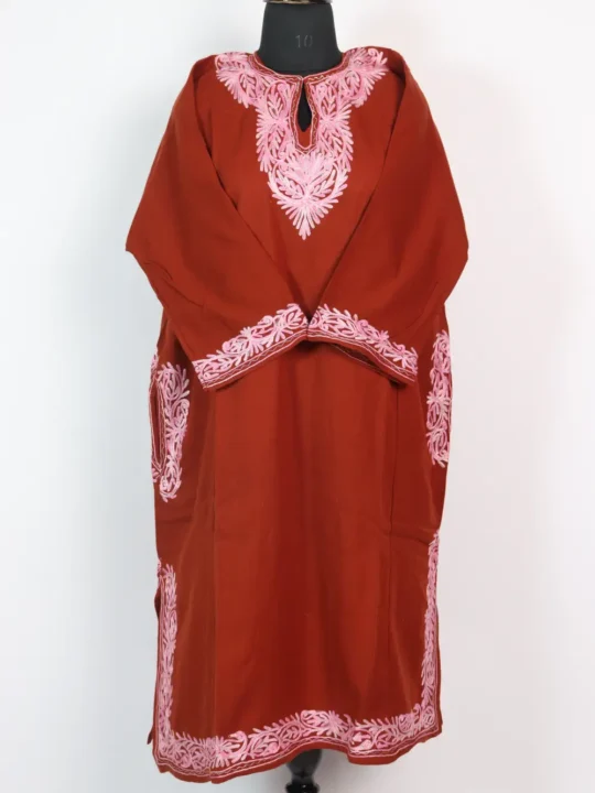 Rust Cashmilon Wool Aari Work Pheran