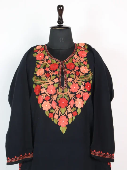 Cashmilon Wool Aari Work Black Pheran for Women