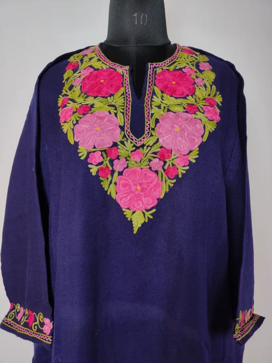 Cashmilon Wool Dark Blue Aari Embroidery Nargis Pheran