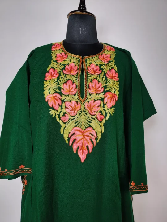 Dark Green Cashmilon Aari Embroidery Pheran