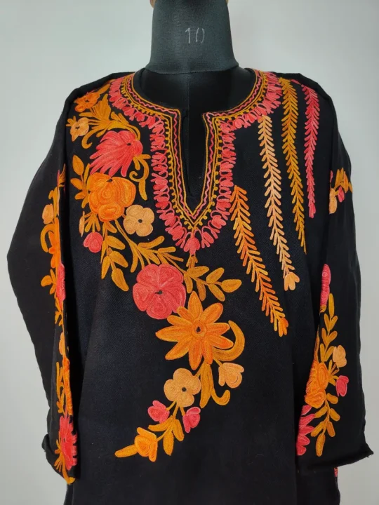 Cashmilon Wool Dark Blue Aari Embroidery Nargis Pheran