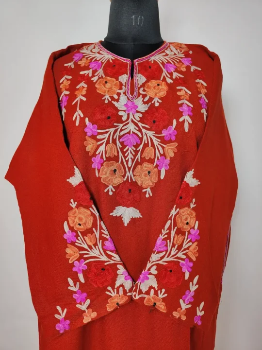 Rustic Orange Cashmilon Wool Kaneez Pheran with Sleeve Booti Aari Work