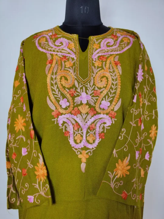 Mehndi Green Cashmilon Wool Parveen Pheran with Heavy Sleeve Aari Embroidery