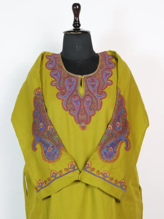 Cashmilon Wool Sleeve Aari Work Olive Green Pheran