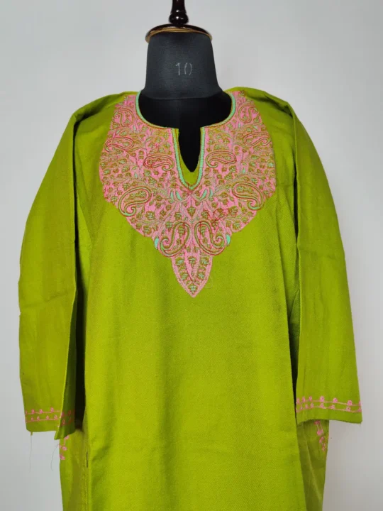 Olive Cashmilon Sozni Embroidery Pheran