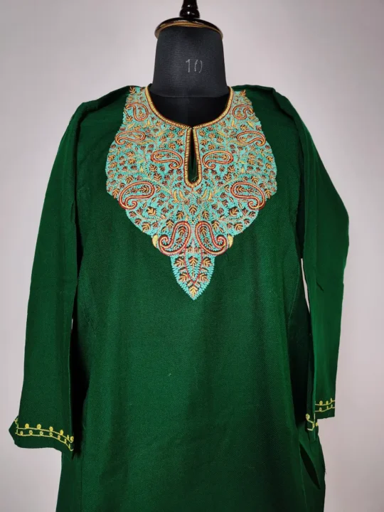 Dark Green Cashmilon Sozni Work Pheran