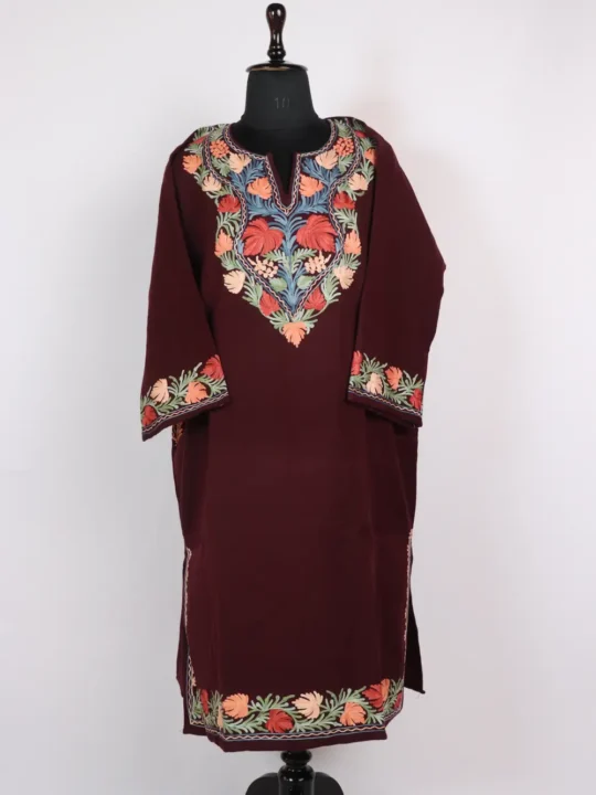 Cashmilon Wool Aari Embroidery Wine Pheran