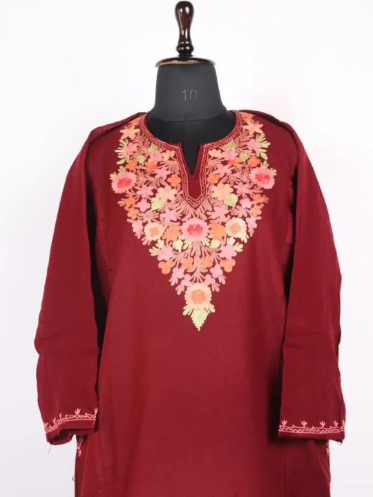 Maroon Cashmilon Wool Aari Work Pheran