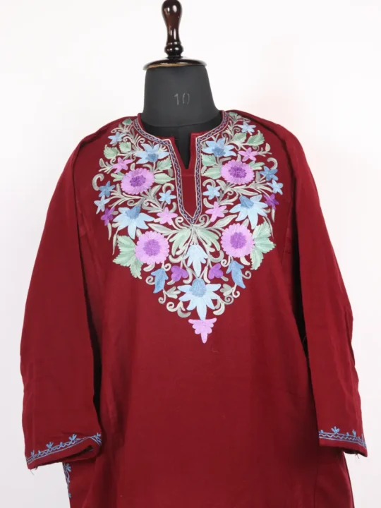 Maroon Cashmilon Wool Aari Embroidery Pheran
