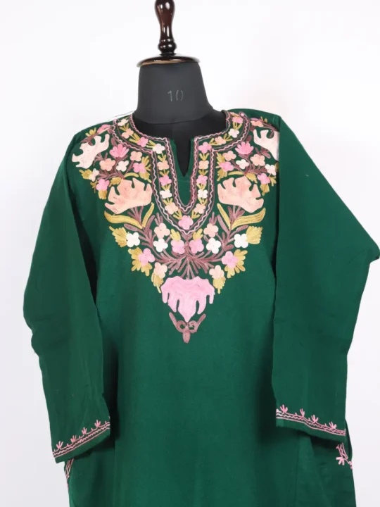 Green Cashmilon Wool Aari Embroidery Pheran