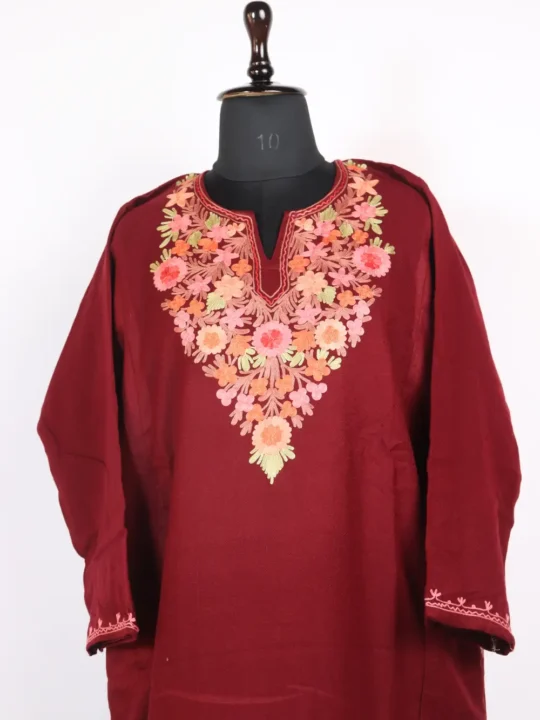 Maroon Cashmilon Wool Aari Embroidery Winter Pheran