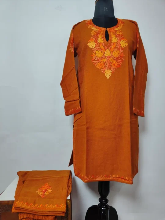 Rustic Orange Cashmilon Wool Aari Work Kurta Set