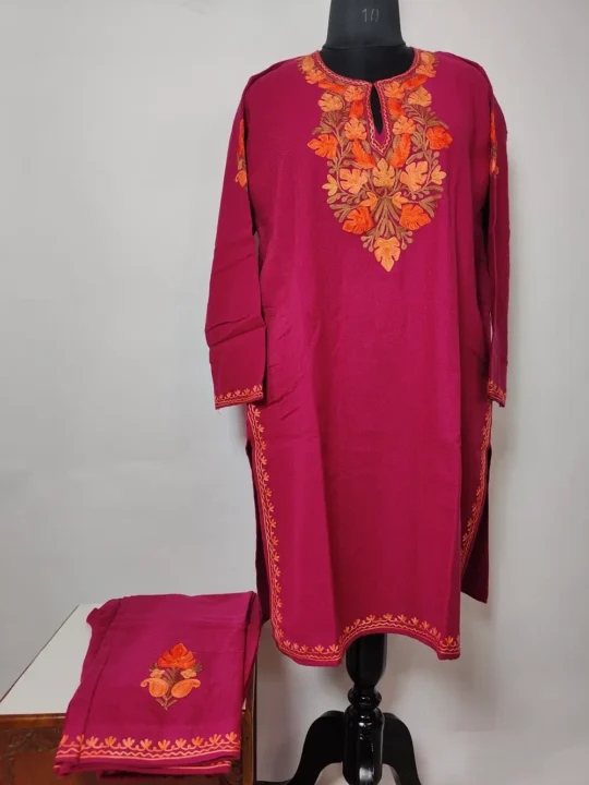Aari Work Kurta Set in Magenta Cashmilon Wool