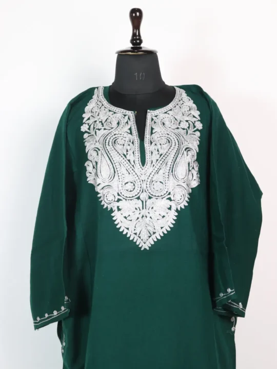 Inaya Cashmilon Zari Work Dark Green Pheran