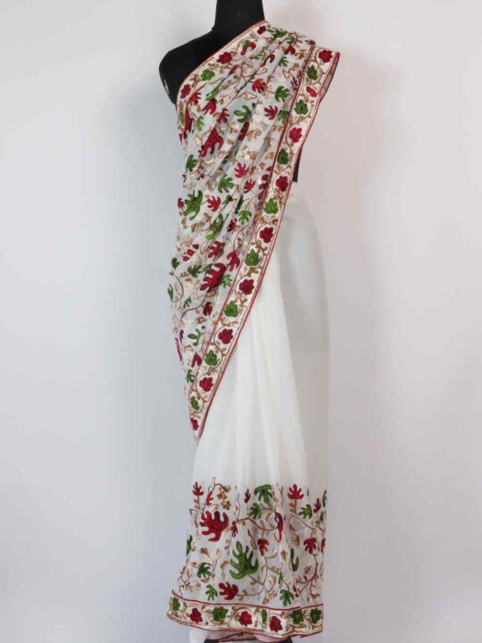 Farzana White Georgette Saree in Multi-color Chinar Aari Embroidery