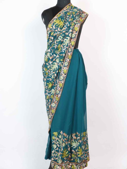 Farzana White Georgette Saree in Multi-color Chinar Aari Embroidery