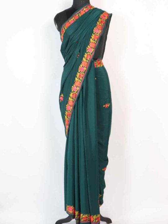 Crepe Teal Blue Kaneez Saree with Pallu Aari Work