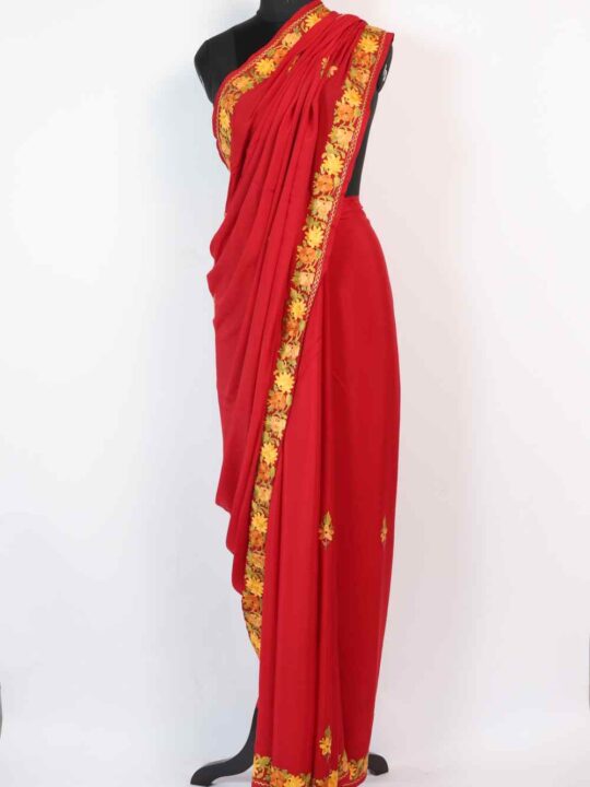 Bushra Crepe Pallu Red Saree in Aari Embroidery