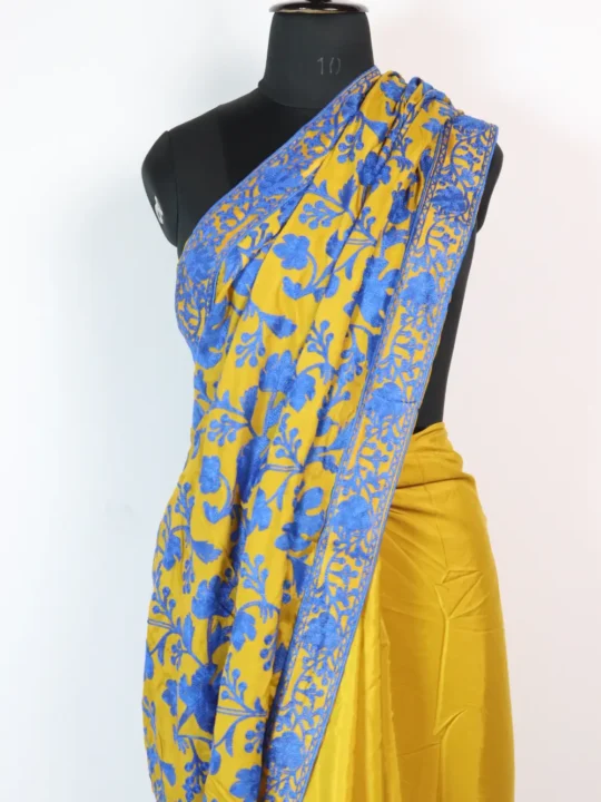 Chinar Aari Embroidery mustard Pallu Saree