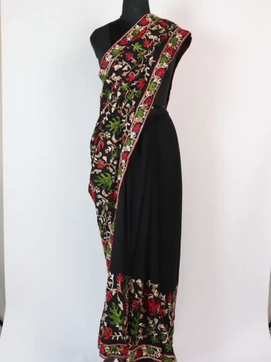 Georgette Black Saree with Chinar Multi-color Aari Work