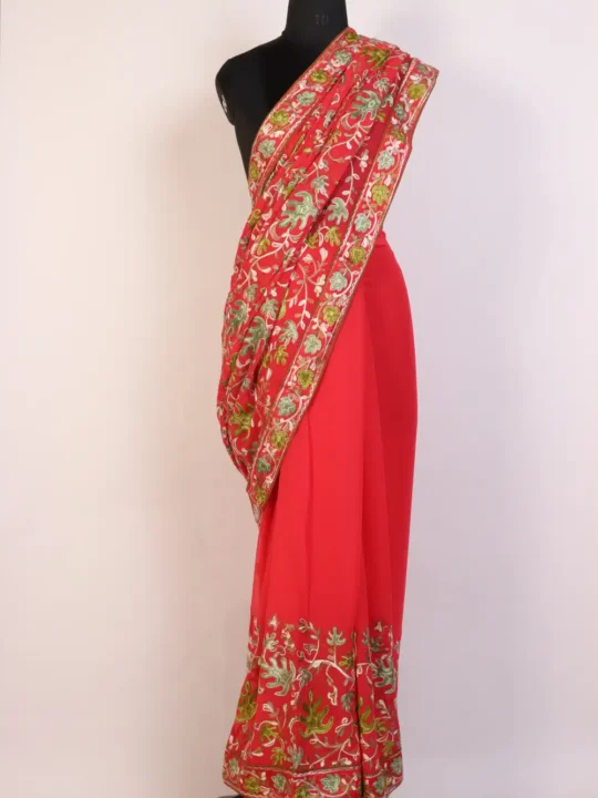 Georgette Red Nargis Saree featuring Multi-color Chinar Aari Work