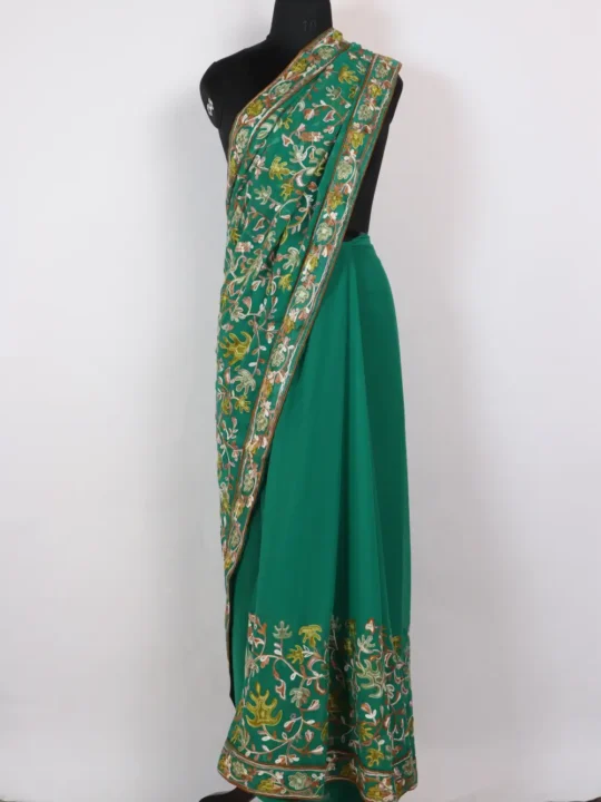 Shakeela Green Georgette Saree with Multi-color Chinar Aari Embroidery