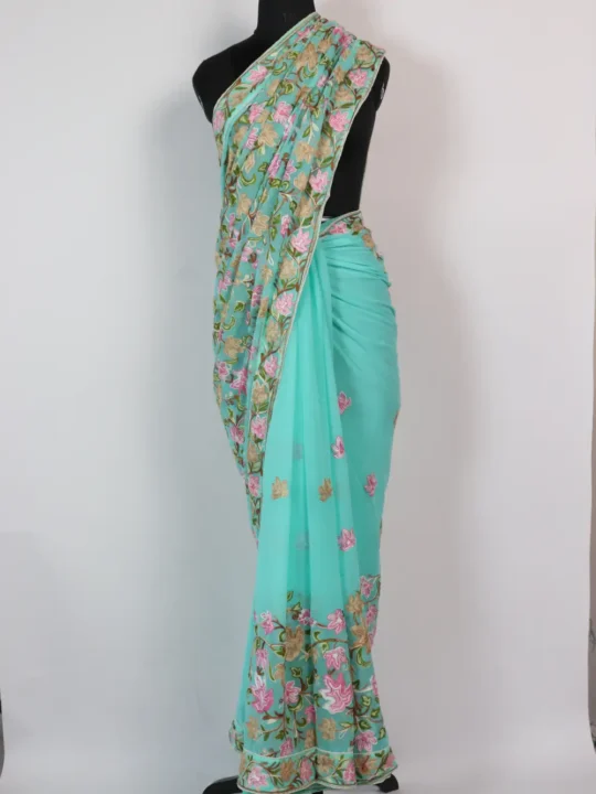 Light Blue Georgette Multi-colour Chinar Aari Work Marhaba Saree