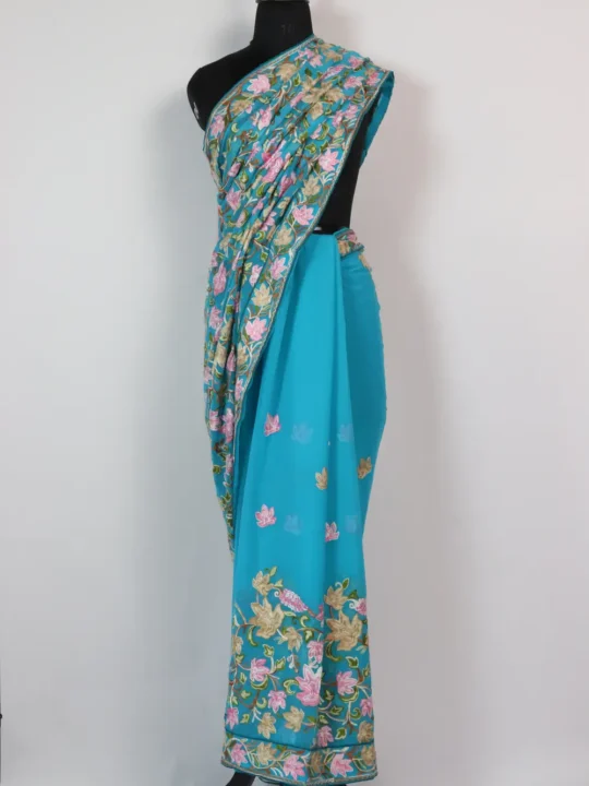 Blue Georgette Chinar Aari Work Feroza Saree