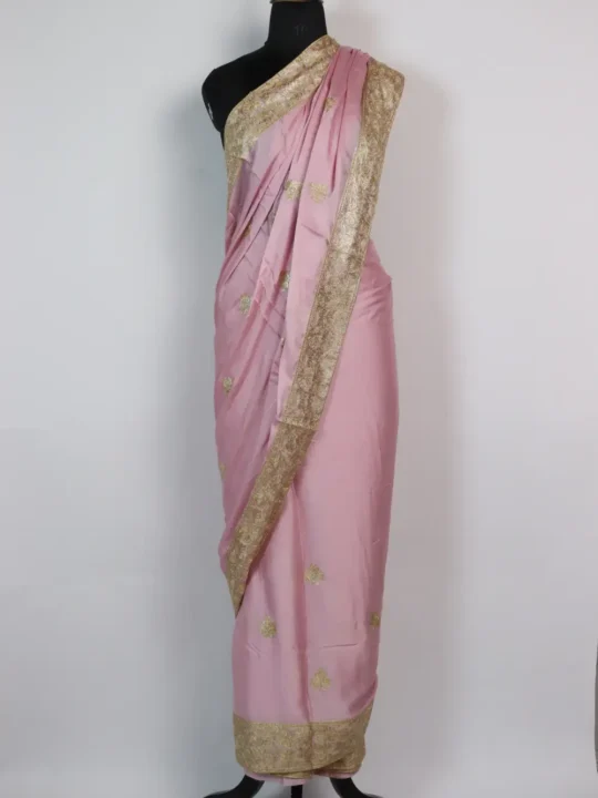 Ruksana's Baby Pink Crepe Saree in Zari Embroidery