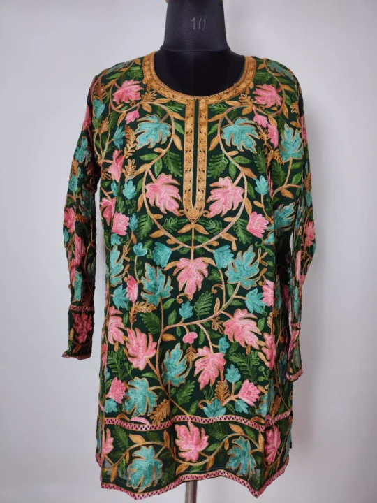 Georgette Chinar Aari Embroidery Green Short Kurti
