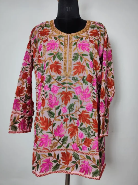 Georgette Pink Kurti featuring All-over Aari Chinar Work