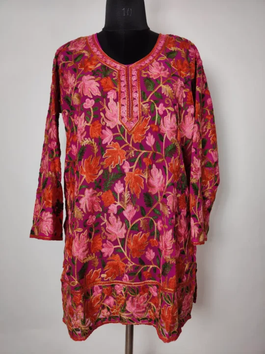 Georgette with All-over Chinar Aari Embroidery Magenta Kurti
