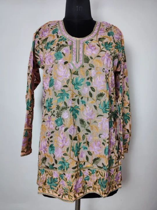 All-over Chinar Aari Work Georgette Cream Kurti