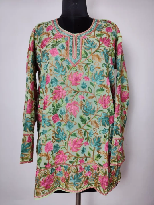 Mint Green Georgette All-over Aari Chinar Work Kurti